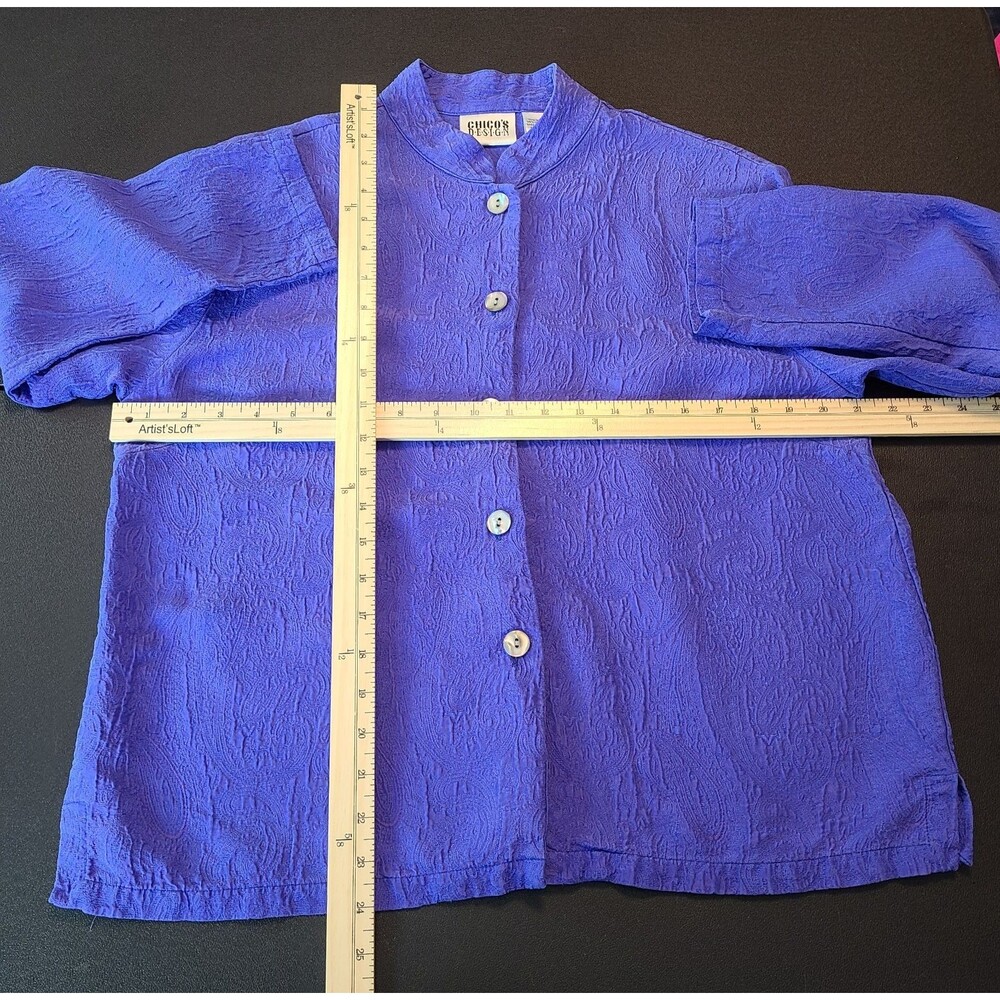 Chico's Design Silk Rayon Shirt Jacket Womens 1 (M) Blue Floral Artsy Festival - Picture 6 of 7